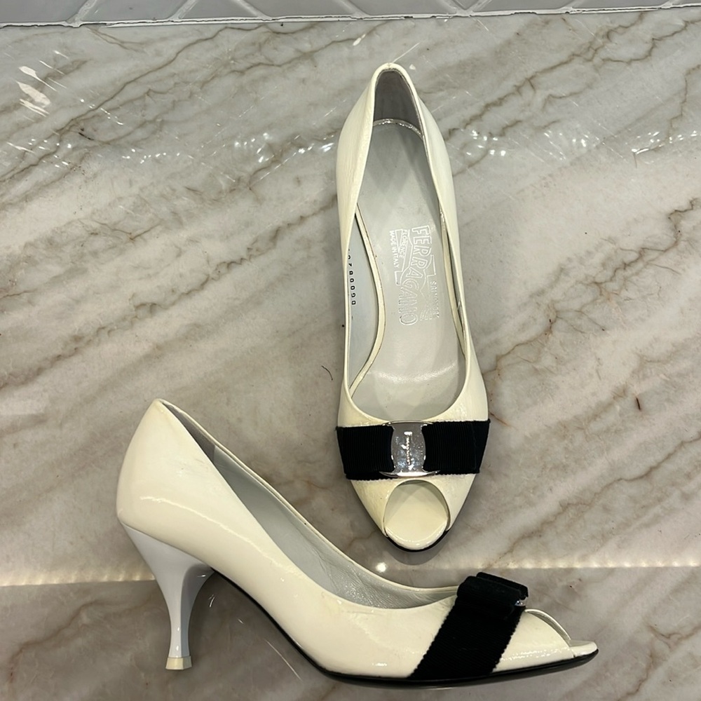 Ferragamo white peep toe pumps